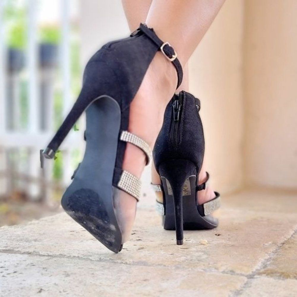Women’s Black Rhinestone Strappy Stiletto Heels Open Toe Back Zipper - Picture 4 of 4